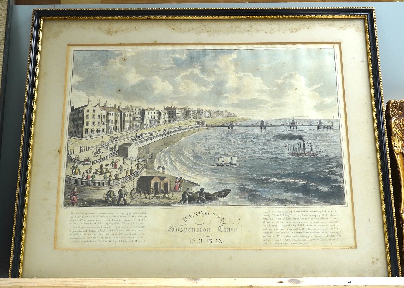 John Bruce (fl.1815-1839), 19th century coloured engraving, ‘Brighton Suspension Chain Pier’, 26 x 34cm. Condition - poor